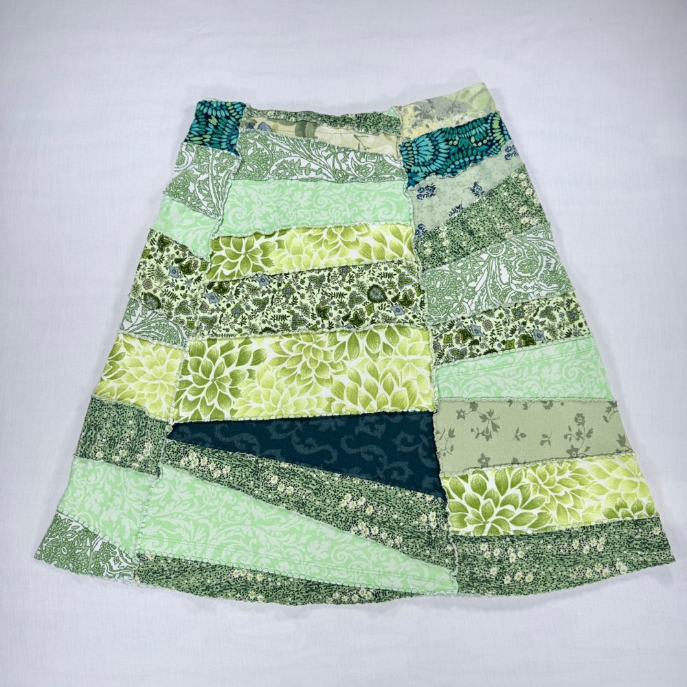 Bhup Designs Green Patchwork Cotton A-Line Skirt Boho Fairy Festival Shabby Chic